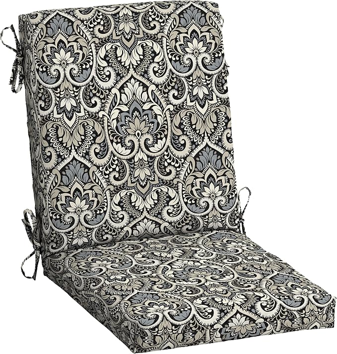 Arden Patio Dining Outdoor Chair Cushions, 20x44, Rain-Proof Seat Pad, Fade-Resistant Outdoor Cushion Black Aurora Damask