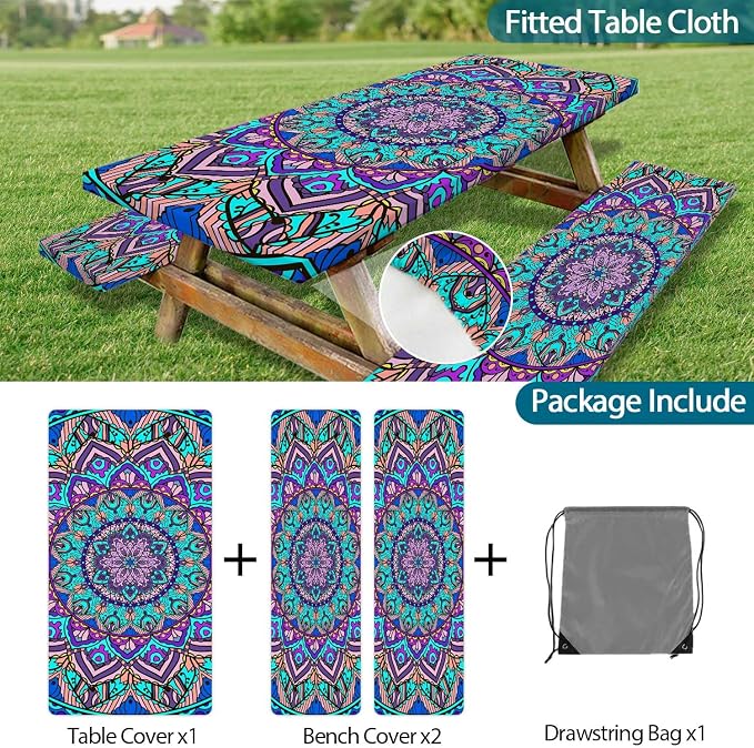 Picnic Table Cover with Bench Cover, Boho Table Covers with Elastic Waterproof Camping Tablecloth with Drawstring Bag, Outdoor Travel Rv Patio Camping Essentials, 60In 3PCS