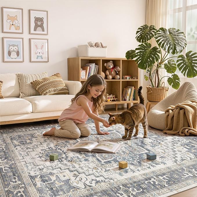 DTICON Vintage Washable 9x12 Area Rug Living Room Rugs, Light Blue | Boho Distressed, Pet & Kid Friendly, Non-Slip Backing, Soft Polyester, Low-pile Carpet for Living Room, Bedroom, Dining Room