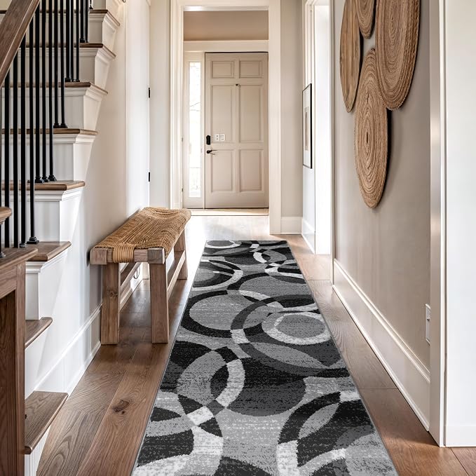 Rugshop Abstract Circles Modern Geometric Runner Rug Gray 2' x 10' | Non-Shedding, High Traffic, Runner, Size 2' x 10', Living Room, Bedroom, Dining Room, Home Office, Kitchen, Entryway, Hallway