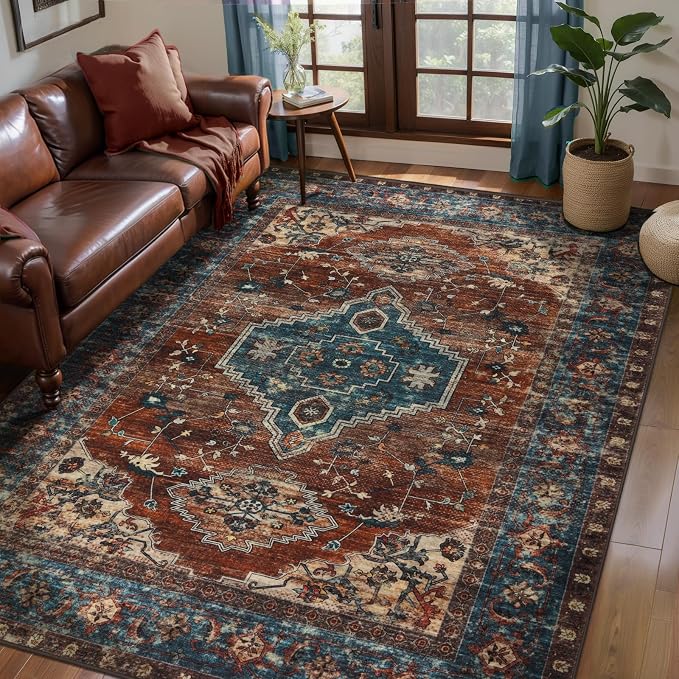 Tangsoo Oriental 4x6 Area Rug, Non Slip Machine Washable Indoor Rugs | Vinatge Accent Rugs for Living Room, Boho Soft Low Pile Foldable Print Distressed Carpet for Bedroom Dining Room Dorm Office