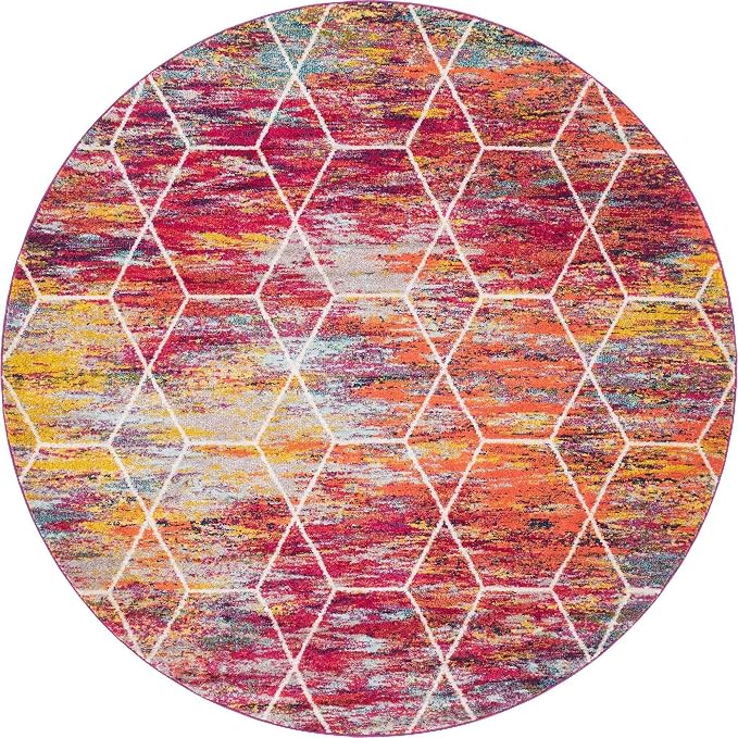 Unique Loom Trellis Frieze Collection Area Rug - Geometric (8' Round, Multi/ Ivory)