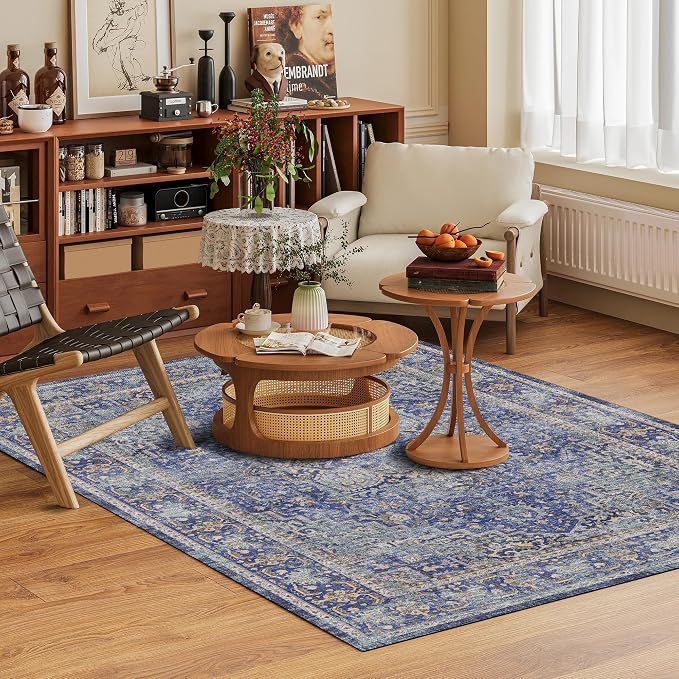 Washable Area Rug 8' x 10' Vintage Traditional Persian Mat - Foldable Distressed Non-Slip Machine Washable Carpet for Living Room Bedroom Kitchen Home Decor - Indigo and Gold