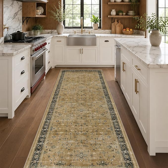 Washable Long Runners for Hallways, 3x8 Rustic Brown and Charcoal Olive Kitchen Runner Rug, Bohemian Traditional Entryway Indoor Rug, Non-Slip Stain & Fade Resistant