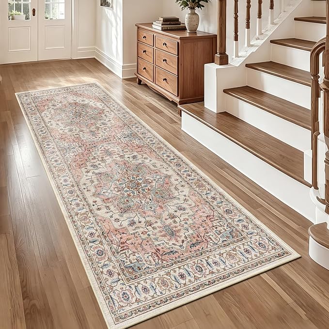 3x7 Vintage Runner Rug Low Pile Non-Slip Washable Hallway Rug | Retro Distressed Print Rug Non-Shedding Beige Pink Carpet Stain Resistant Long Rug for Hallway Kitchen Bedroom Laundry Room