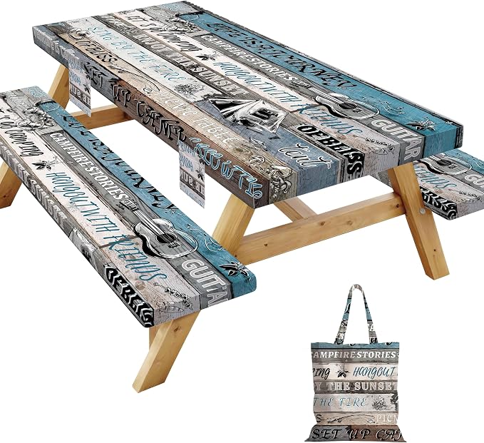 Picnic Table Cover with Bench Covers Elastic,Fitted Table Cloths for Rectangle Tables 6 Foot Washable,Waterproof Tablecloth for Outdoor Camping Essentials (Vintage Blue, 8 Foot)