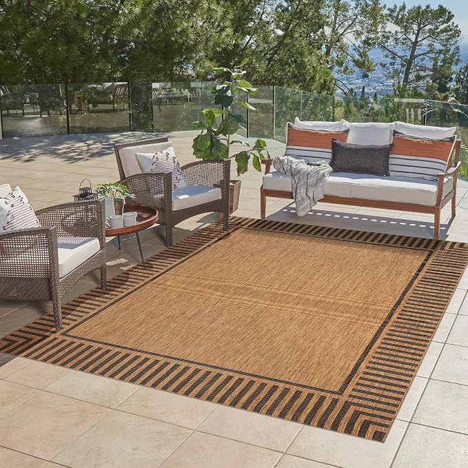 Gertmenian Indoor/Outdoor Flatweave Area Rug - 5x7 Standard, Stain & UV Resistant, Quick-Drying, Ideal for Deck, Patio, Poolside, Mudroom - Klano Striped Chestnut, Black, 28800