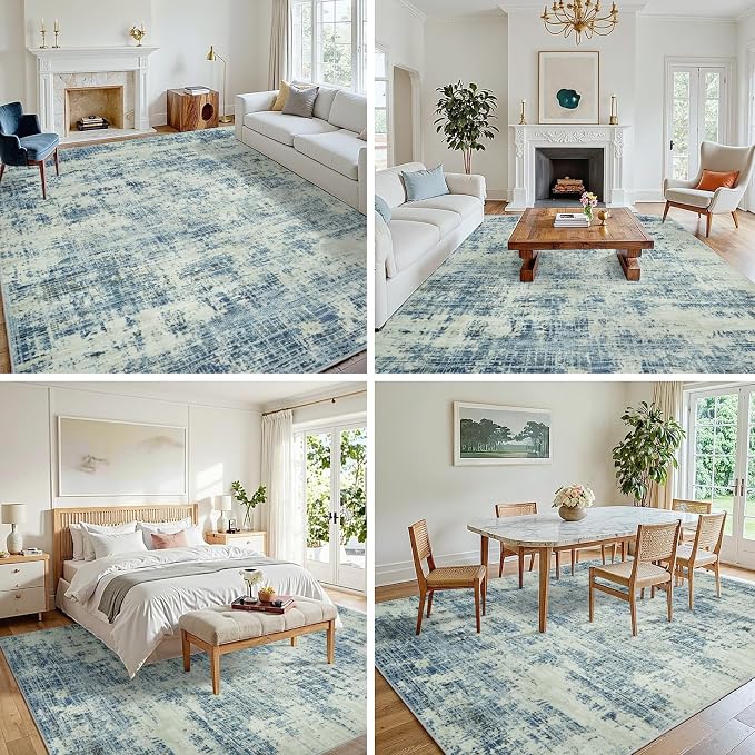9x12 Washable Area Rug for Living Room Bedroom: Non-Slip Modern Blue Gray | Machine Washable TPR Backing, Stain-Resistant Low Pile, Pet & Kid Friendly, Abstract Decor for Dining Room, Dorm, Home Office