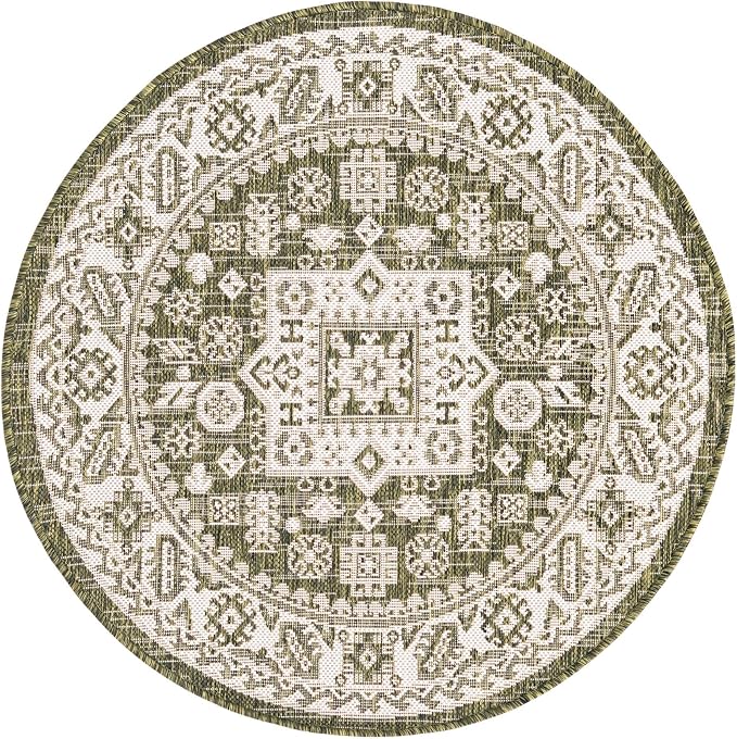 Unique Loom Outdoor Aztec Collection Area Rug - Chalca (3' 3" Round, Green/ Ivory)