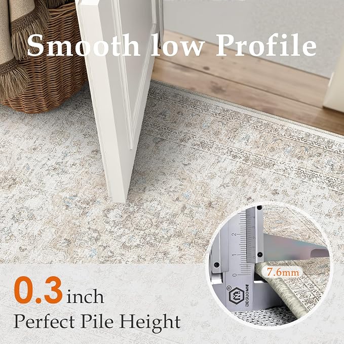3x5 Washable Area Rug Beige Grey Non Slip Vintage Carpet | Low Pile, Stain Resistant, Living Room, Kitchen, Bedroom, Entryway, Nursery, Laundry Room, Soft, Thin, Lightweight