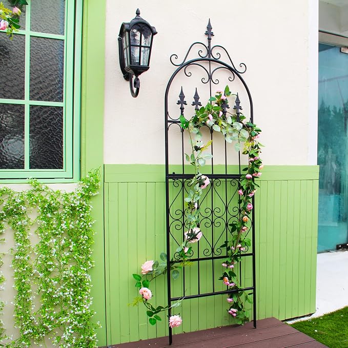 Garden Trellis for Climbing Plants, 70" H x 21.7" W Heavy Duty Metal Trellis, 6FT Rustproof Black Iron Vine Support Trellis with 9.2" Ground Stakes, Decorative Cupid Arrow Design Roses, Vines