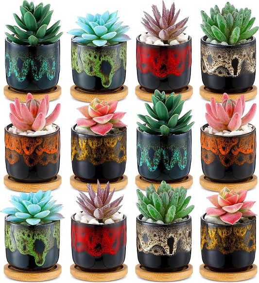 12 Pcs Succulent Pots 2.5 Inch Mini Ceramic Succulent Garden Flower Pots Planters with Drainage and Bamboo Tray for Indoor Garden Plants Planters Colorful Flower Pot(Cylindrical,2.3 Inch H)