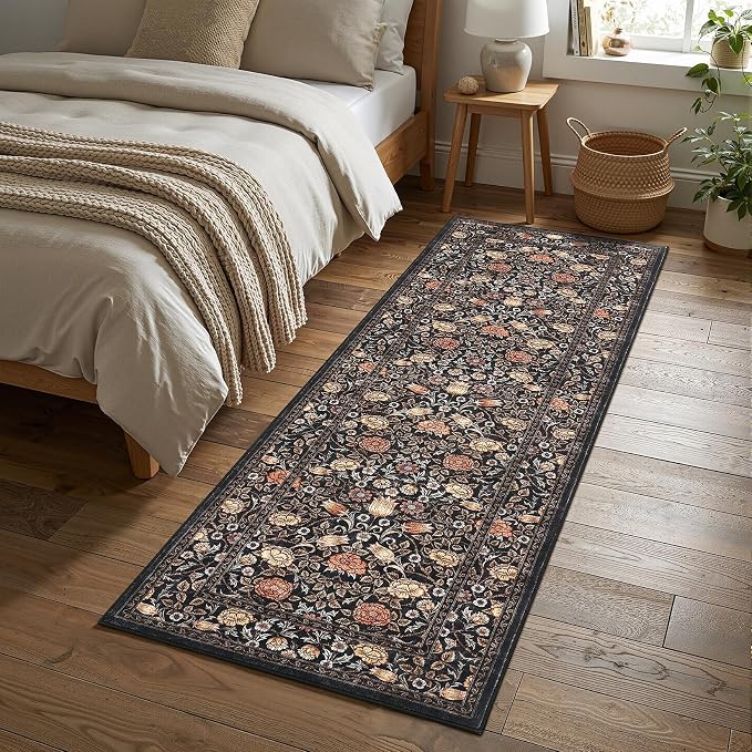 GarveeHome Dark Brown Floral 2x6 Kitchen Runner Rug for Hallways | Washable Entryway Bedroom Bathroom Dorm Rug Vintage Boho Rugs Low-Pile Non-Slip Stain Resistant TPE Backing