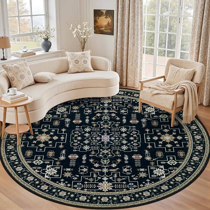 Round Area Rug for Living Room: 6ft Washable Rug for Bedroom Black | Vintage Boho Soft Round Rug Indoor Floor No Slip Carpet Stain Resistant Rugs for Bedroom Dining Room Nursery Home Office