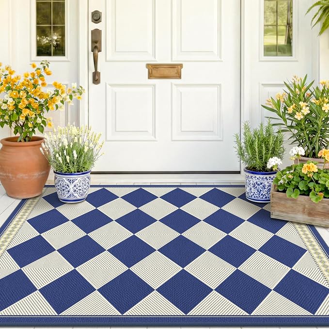 Checkered Easy Jute 3x5 Navy Blue Indoor Outdoor Rugs for Entryway, Washable Non Slip Diamond Boho Coastal Rug for Porch, Modern Minimalist Front Door Mat, Kitchen, Bathroom and Balcony Carpet