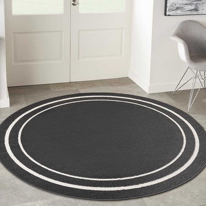 Nourison Home Nourison Essentials Black Ivory 4' x Round Area Rug - Easy Clean, Non Shedding, Bed Room, Living Room, Dining Room, Kitchen (4' x Round)