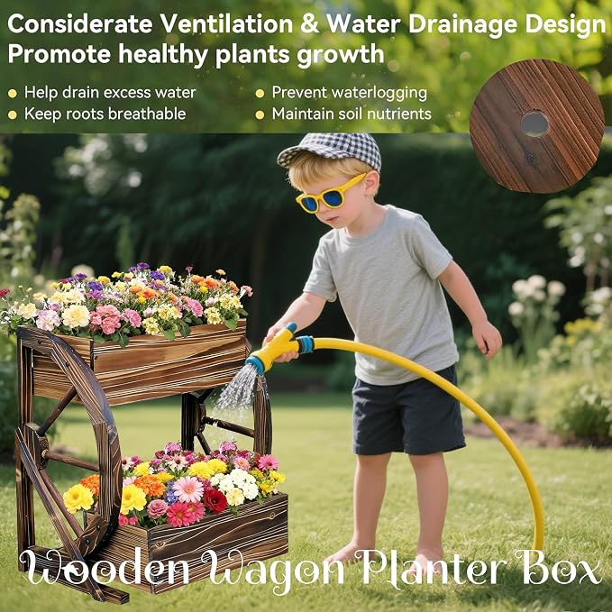 2 Tier Medium Wooden Wagon Planter Box|Outdoor Planter/Flower Pot for Indoor&Outdoor Plants-Rustic Garden Planter for Patio,Porch&Garden Decor-Raised Garden Bed for Succulents,Herbs,Vegetables