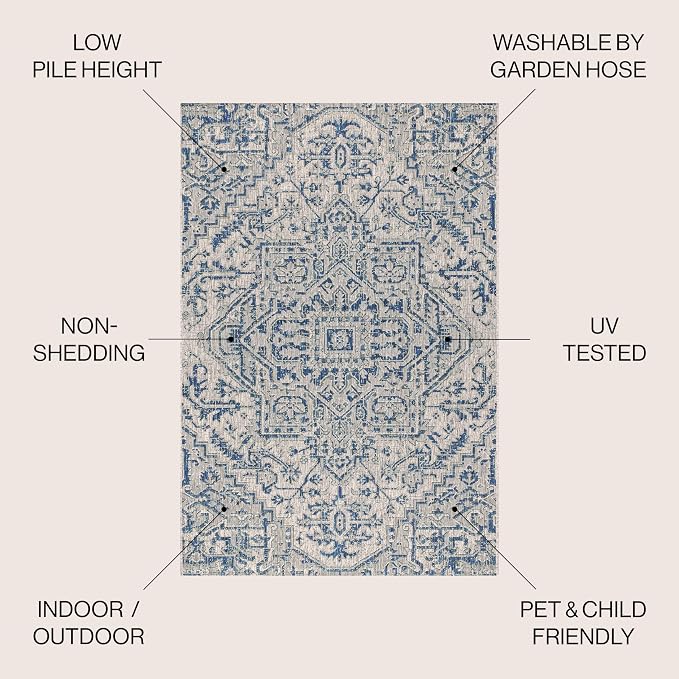 JONATHAN Y Boho Medallion Indoor Outdoor Round Area Rug 6 Ft Navy/Gray, Estrella Textured Weave for Backyard, Patio, Porch, Easy-Cleaning, High Traffic, Pet-Friendly, Non-Shedding (SMB105B-6R)