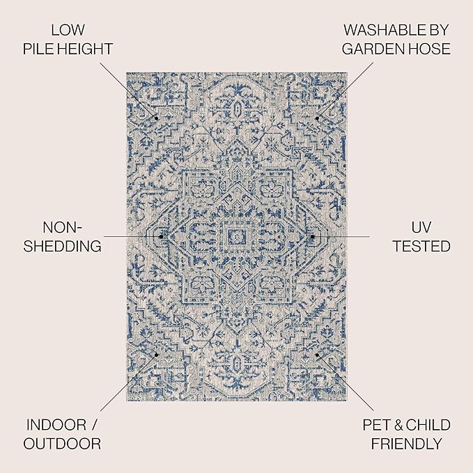 JONATHAN Y Boho Medallion Indoor Outdoor Square Area Rug 3X3 Navy/Gray, Estrella Textured Weave for Backyard, Patio, Porch, Easy-Cleaning, High Traffic, Pet-Friendly, Non-Shedding (SMB105B-3SQ)