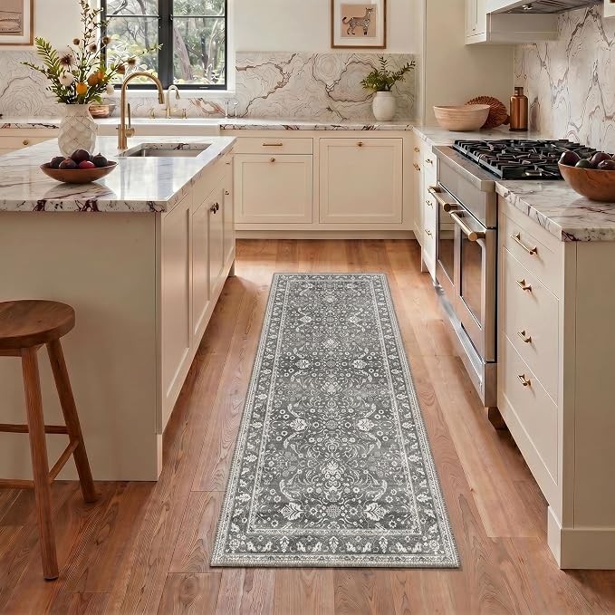 2x3 Doormat, Vintage Floral Washable Non Slip Area Rug for Entrance | Persian Floral Soft Low Pile Boho Rug for Entryway Bedside Kitchen, Stain Resistant Lightweight Easy Care, Charcoal Gray