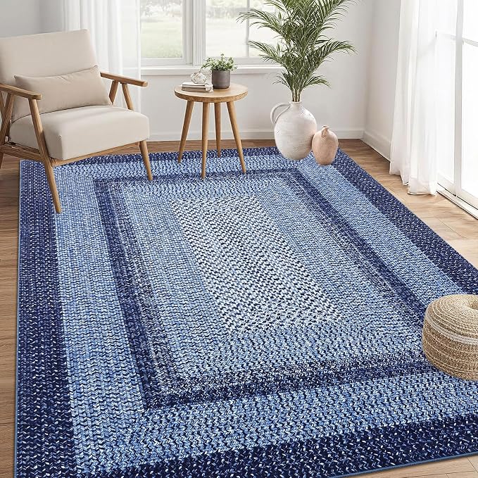 RUGSREAL 8x10 Washable Area Rug for Living Room with Rubber Backing | Stain Resistant Large Bedroom Throw Carpet Modern Geometric Floor Cover Modern Border Rug for Home Decor Office, Navy