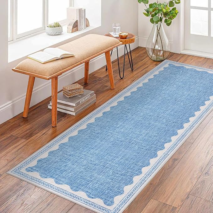 2.5x8 Scalloped Runners Blue Washable Hallways Bedroom Rug | Solid Non Slip Scalloped Bath Runner, Rugs for Bedroom Girls, Rugs for Kitchen Floor Soft Dorm Nursery Carpet for Bedside