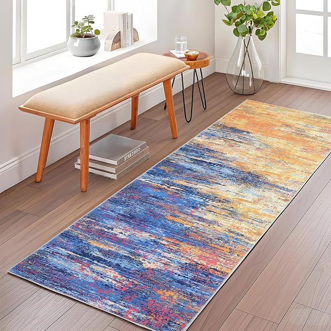 ROYHOME Washable Runner Rug 2x6 Modern Abstract Kitchen Rugs, Non Slip Bathroom Rug, Low Pile Laundry Room Soft Long Carpet for Hallway Bedroom Entryway, Blue/Orange