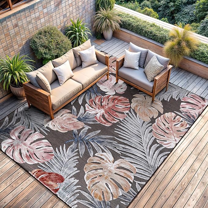 CAMILSON Indoor Outdoor Rug, Brown 10’x14’ Leaf Tropical Botanical Area Rugs for Indoor and Outdoor patios, Easy-Cleaning Non-Shedding Living Room, Garden and Kitchen Washable Outside Carpet (10x14)