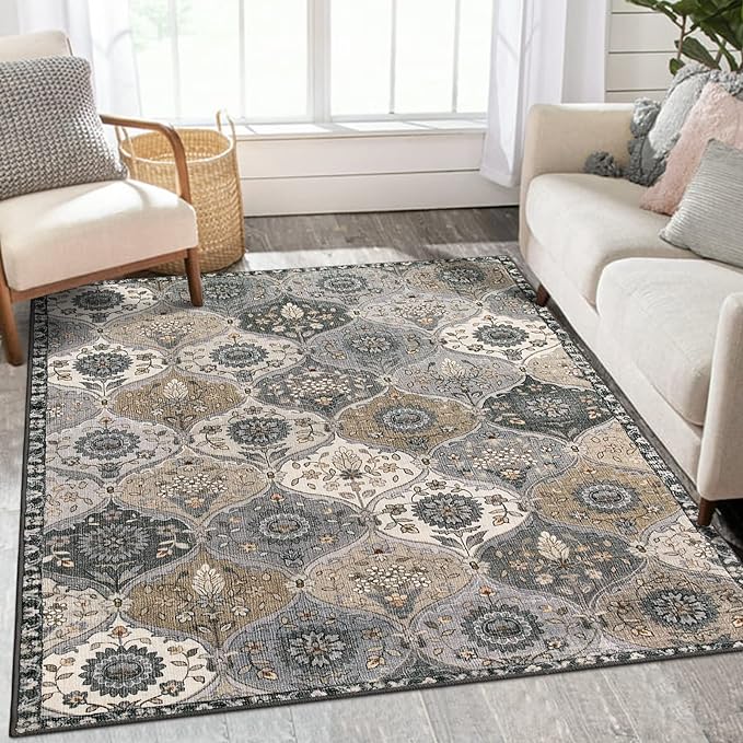 Lahome Moroccan Trellis Washable Area Rugs, 3x5 Rug for Bedroom Entryway Indoor Non-Slip, Small Oriental Accent Carpet for Living Room Kitchen Bathroom Office Elise, Grey