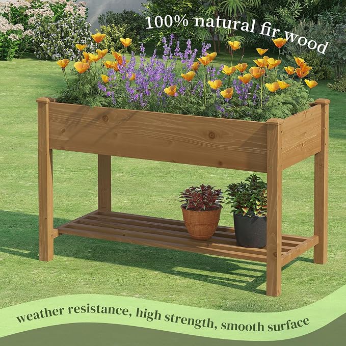 PL 48x24x30.5IN Raised Garden Bed with Legs Elevated Wooden Planter Box Stand Large Planter Stand Box for Fruits Vegetables Flowers Herbs w/Divider Liner (Brown-M)