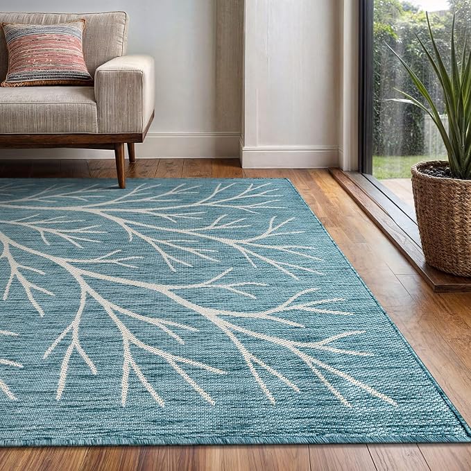 Washable Indoor Outdoor Rug 9x12 Modern Area Rugs Branch Pattern Non Shedding Waterproof Easy Clean Patio Deck Porch Living Room Bedroom Garden RV (9 X 12 Aqua)