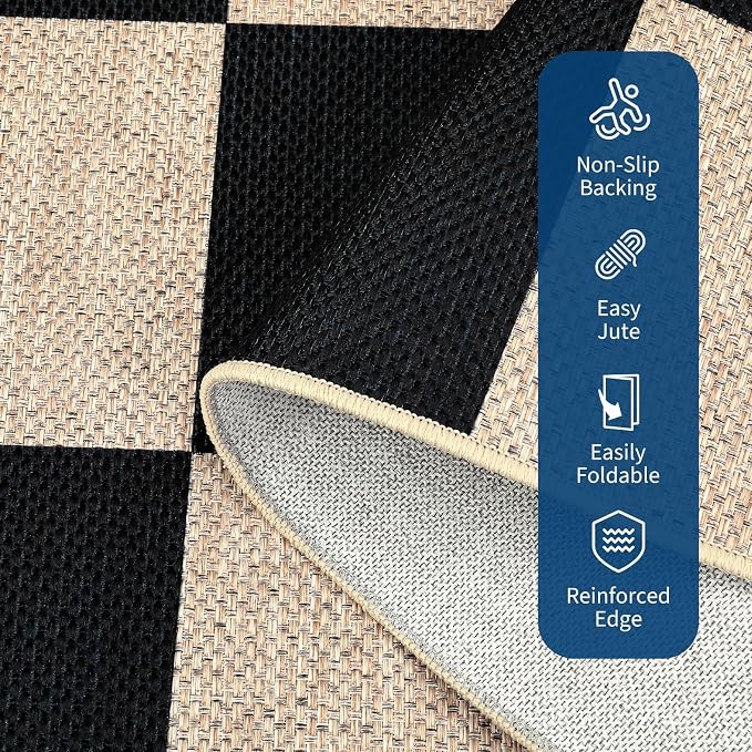 Garvee 6x9 Rugs for Living Room Washable Rug Easy Jute Rugs，Black/Beige | Modern Checkered Rugs for Bedroom Nursery Rug Non Slip Throw Carpet Stain Resistant Soft Touch Floor Cover for Dining Room