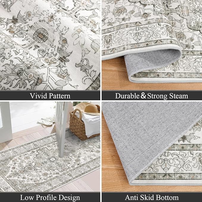 U'Artlines 2' x 8' Boho Hallway Runner Rug, Non Slip Runners, Grey Taupe | Washable, Vintage Farmhouse Kitchen Rug, Accent Area Carpet, for Entryway Laundry and Living Room