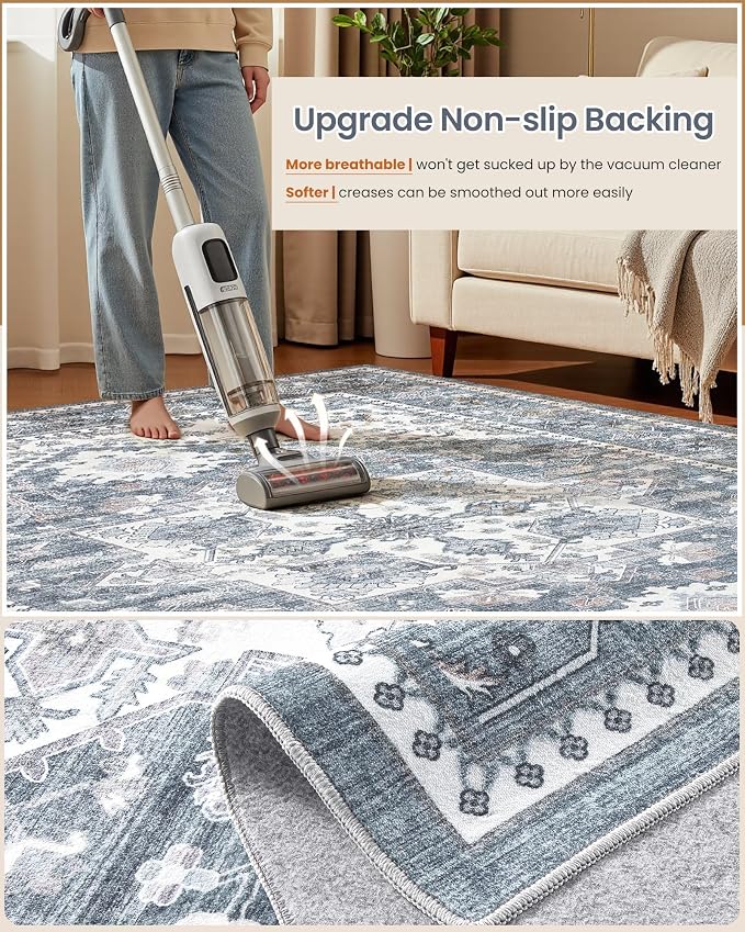 Washable Area Rug-9X12 Vintage Neutral Soft Blue | Non Slip Thin Foldable Large Floor Carpet for Living Room Bedroom Kitchen Dining Room Home Office Farmhouse Indoor