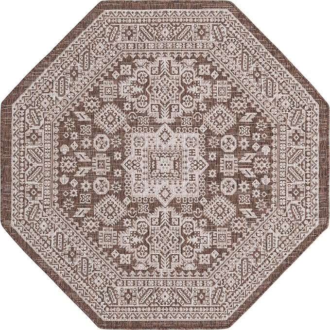 Unique Loom Outdoor Aztec Collection Area Rug - Chalca (5' 3" Octagon Brown/Ivory)