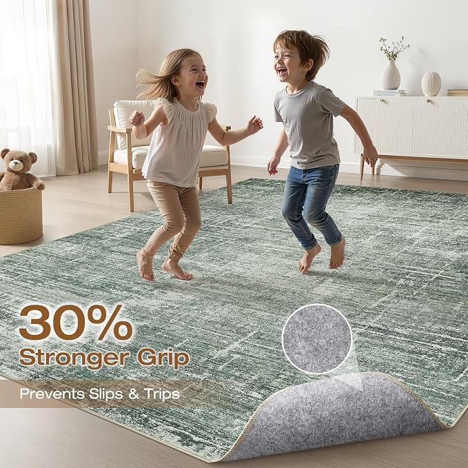 LOONGRUG 5x7 Area Rug Washable Neutral Modern Living Room Rug Dark Green | Abstract Soft Stain Resistant Indoor Floor Non-Slip Carpet for Bedroom Nursery Kids Office Playroom