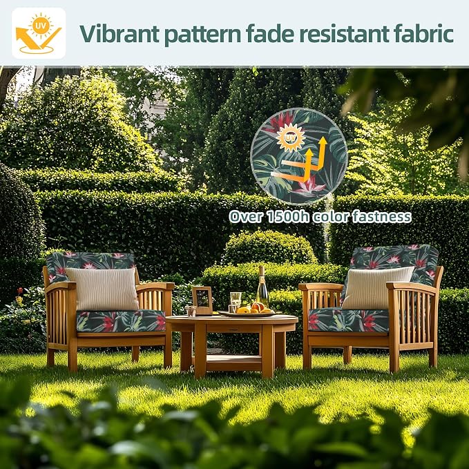 Favoyard Deep Seat Patio Cushion 24 x 24 x 4 in Waterproof Seat & Back Cushion Set with Color Fade Resisitant Pattern, Portable Handle, Attach Straps, Zipper on Removable Cover for Outdoor Furniture