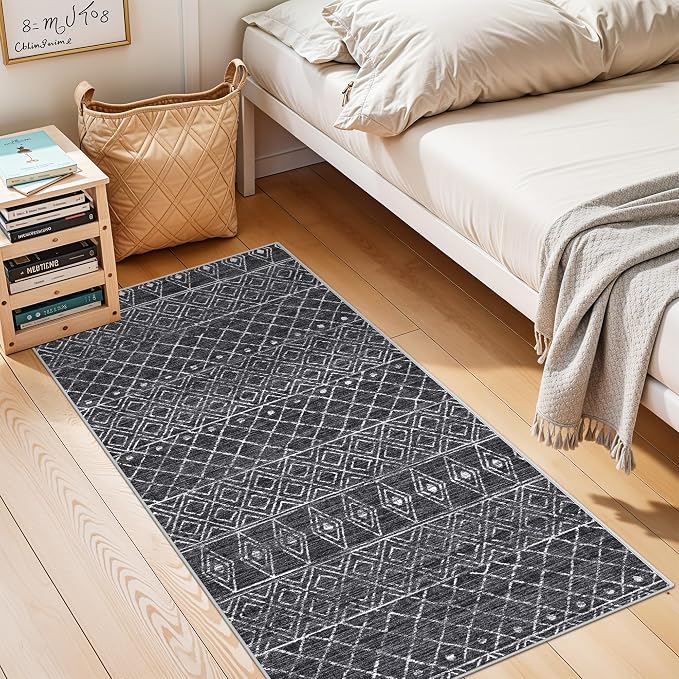 2x4 Runner Rug for Hallway: Washable Non Slip Moroccan Kitchen Rugs Black | Soft Stain Resistant Easy Clean Mat with Rubber Backing for Entryway Bedroom Family with Pets