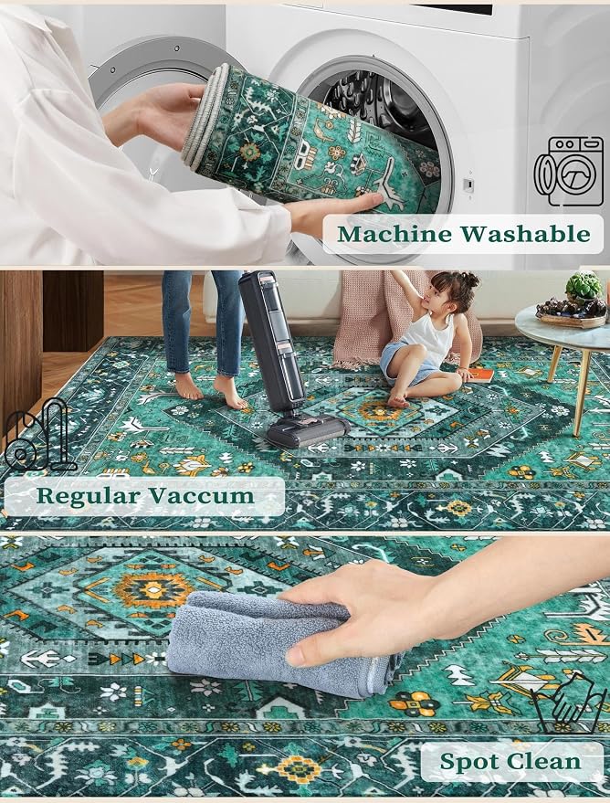 SERISSA 2x6 Washable Non Slip Boho Runner Rug for Hallway，Teal | Ultra Soft Vintage Oriental Carpet Low-Pile Distressed Tribal Floor Carpet for Kitchen Bedroom Bathroom Laundry Living Room