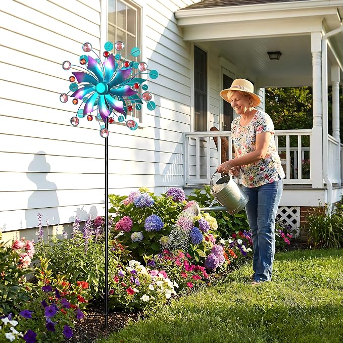 Solar Wind Spinner Outdoor - Metal Kinetic Wind Sculptures with Sparkling Jeweled Ornaments, Blue & Purple Gradient Dual-Direction Spinner, Solar LED Glass Ball Yard Art for Garden Patio Decor