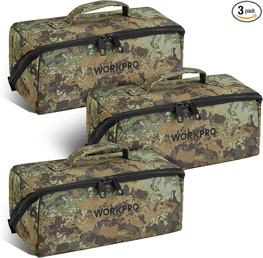 WORKPRO Tool Bag with Zipper, 10" Utility Wide Mouth Heavy Duty Tool Storage Bag, Multipurpose Zipper Tool Pouch Tote Bag for Organizer 3-pack, Camo