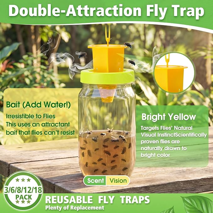 18 Pack Fly Traps Outdoor, Reusable Fly Catcher Bottles with Bait Hanging Flies Traps with Non-Toxic Dissolvable Bait Refills for Flying Insect Drain Patio Garden Yard Barn Outdoor