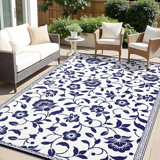 OLANLY Waterproof Outdoor Rug 8x10 ft, Outdoor Plastic Straw Rug with Flower Pattern, Reversible RV Mat for Patio, Camping, Balcony, Deck, Backyard, Navy & White