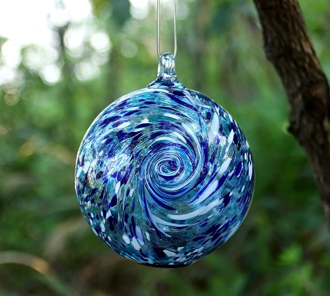 6-Inch Solar Powered Hanging Galaxy Glass Gazing Ball Outdoor Garden Decoration (Aqua-Blue)