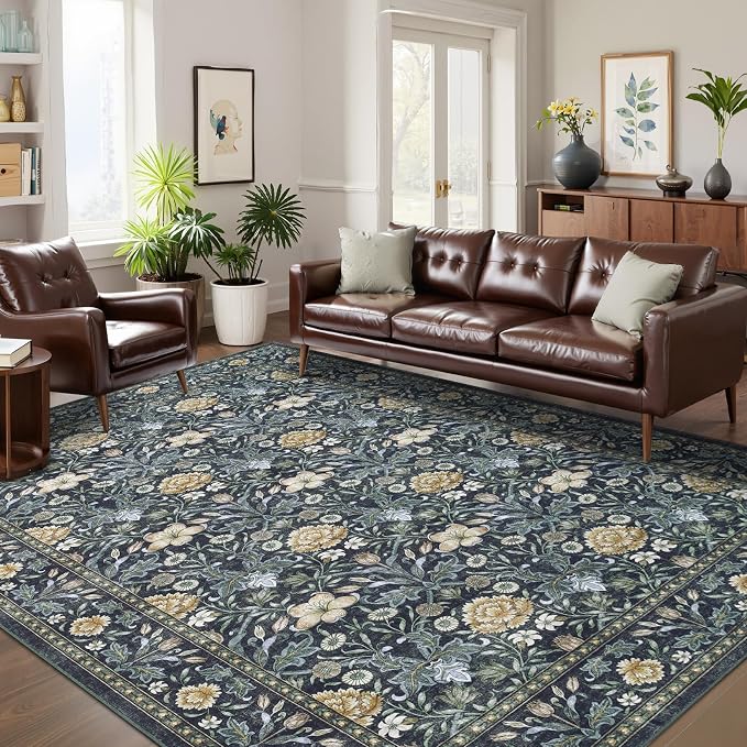 GarveeHome Area Rugs 8x10 for Living Room, Floral Large Washable Rug Soft Non Slip Carpet Indoor Thin Accent Rug for Bedroom Dining Room Playroom Nursery Home Decor