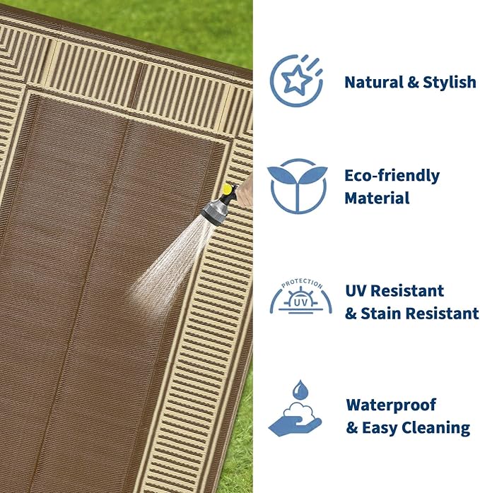 Garvee 9x12 Outdoor Rug for Patio Plastic Straw Rug Waterproof Reversible Mat Lightweight Foldable Carpet Easy Clean Large Rugs for Patio Porch Backyard Camping RV Beach Balcony Deck Border Brown