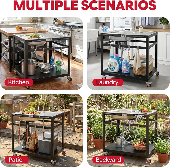 FEASTO 35-Inch Outdoor Grill Cart with Stainless Steel Sink, Rolling BBQ Prep Table with Faucet, Storage Shelves and Lockable Wheels for Patio, Backyard and Outdoor Cooking, Silver & Black | Rolling BBQ Prep Table with Faucet, Storage Shelves and Locka...