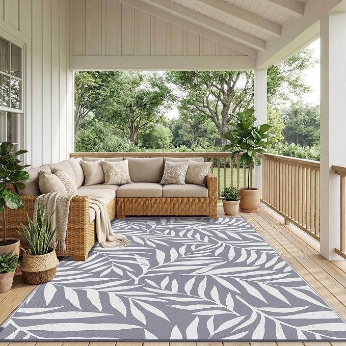 Smiry Outdoor Rug 9x12 ft, Waterproof Reversible Plastic Straw Rugs, Outdoor Area Rug with Leaf Pattern, Outside Floor Mat for Patio, Backyard, Deck, Picnic, Beach, Camping, Grey & White