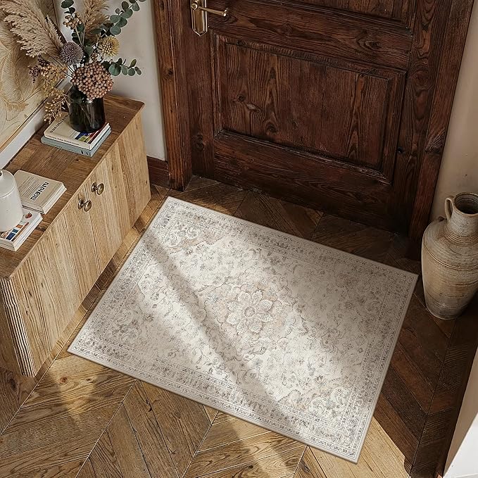 Beige Area Rug 2x3 Entryway Vintage Floral Non-Slip Door Mat | Machine Washable, Soft, Low Pile, Distressed, for Kitchen, Hallway, Bathroom, Retro Neutral Decor