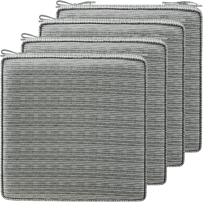 19 x 19 Inch Outdoor Chair Cushions with Tie Straps, Set of 4 Thick Water Repellent Square Patio Chair Pads for Garden Lawn Patio Furniture, Grey Linen Stripe